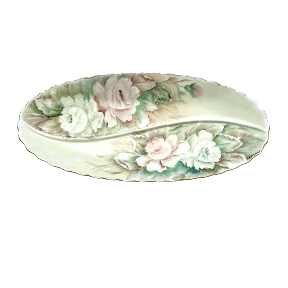 HAND PAINTED FLORAL PORCELAIN DIVIDED OVAL RELISH DISH - VINTAGE 1960s